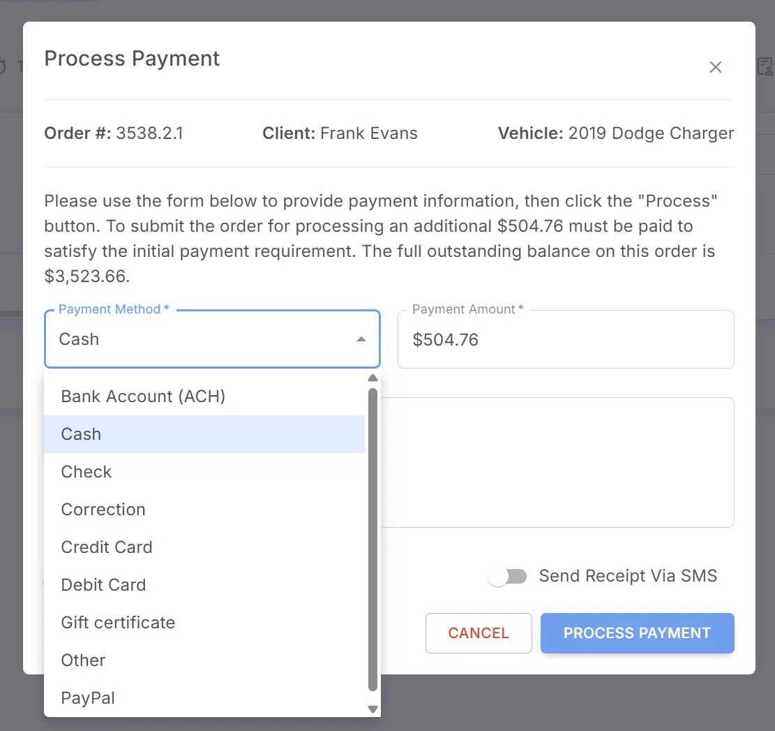 Speedpoint Process Payment dialog: a deposit collected toward the balance on a long build, with payment methods including card, ACH, cash, check, and PayPal, and receipt by SMS