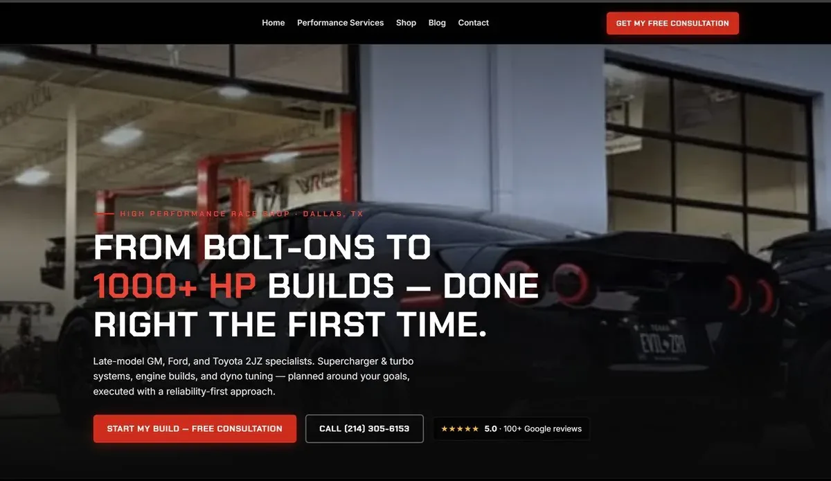 A shop website generated by Speedpoint — bold headline, tap-to-call and free consultation buttons, and a 5.0 Google reviews badge front and center