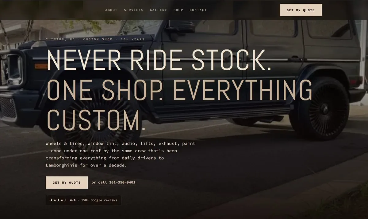 Another shop website generated by Speedpoint: cream and black custom-shop design with tap-to-call, quote button, and a 4.4 star Google reviews badge