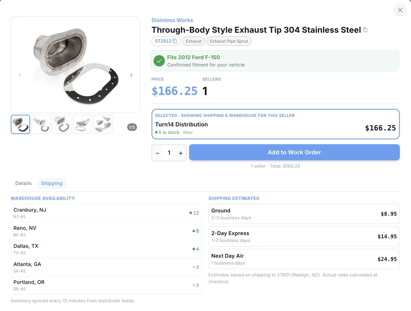 Speedpoint parts ordering showing live vendor pricing, inventory, and fitment inside a work order