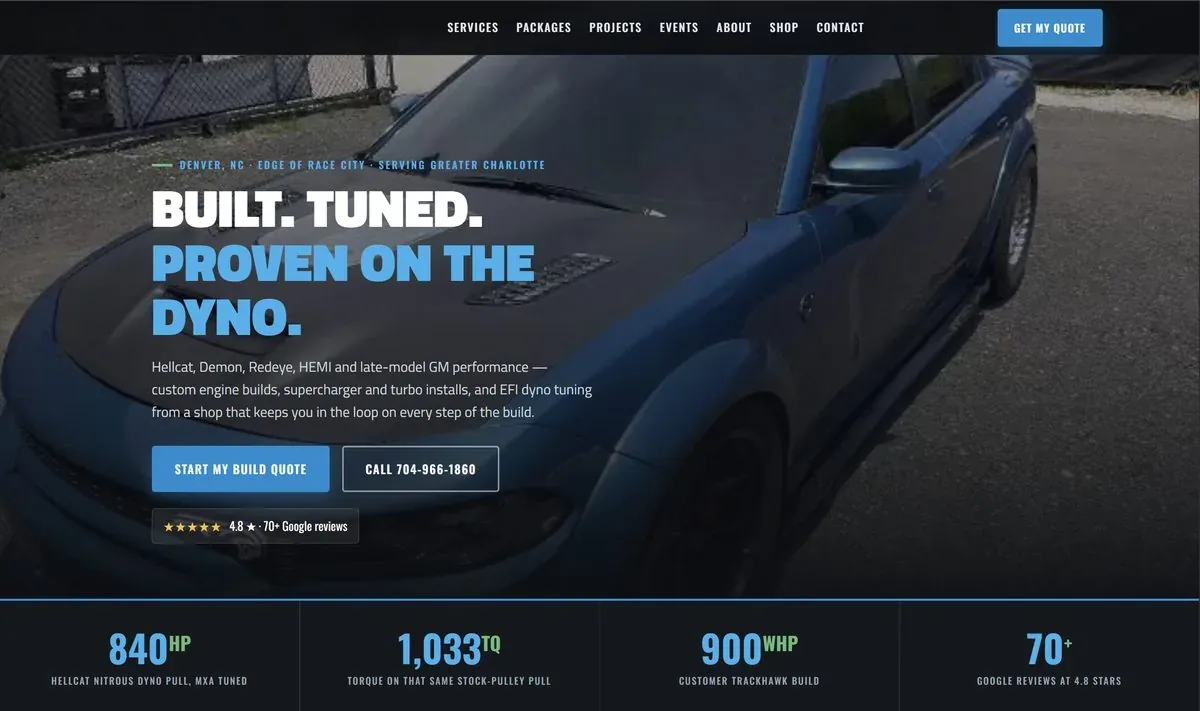 Another shop website generated by Speedpoint: different brand and colors, with dyno numbers, tap-to-call, and Google reviews front and center