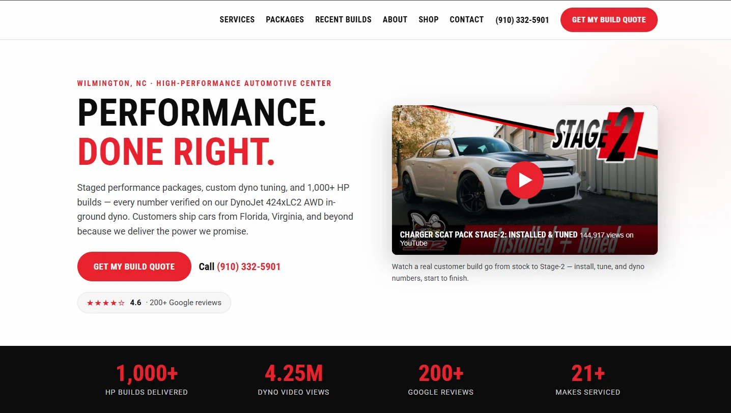 A shop website generated by Speedpoint: bold red-and-black high-performance center design with an embedded build video, tap-to-call, and a Google reviews badge